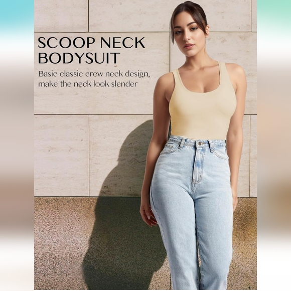 Bodysuit tummy control double lined scoop neck tank top (beige available - Picture 3 of 9